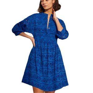 BODEN Royal Blue Eyelet/Broderie 3/4 Length Puff Sleeve Knee Length Dress Sz 2P